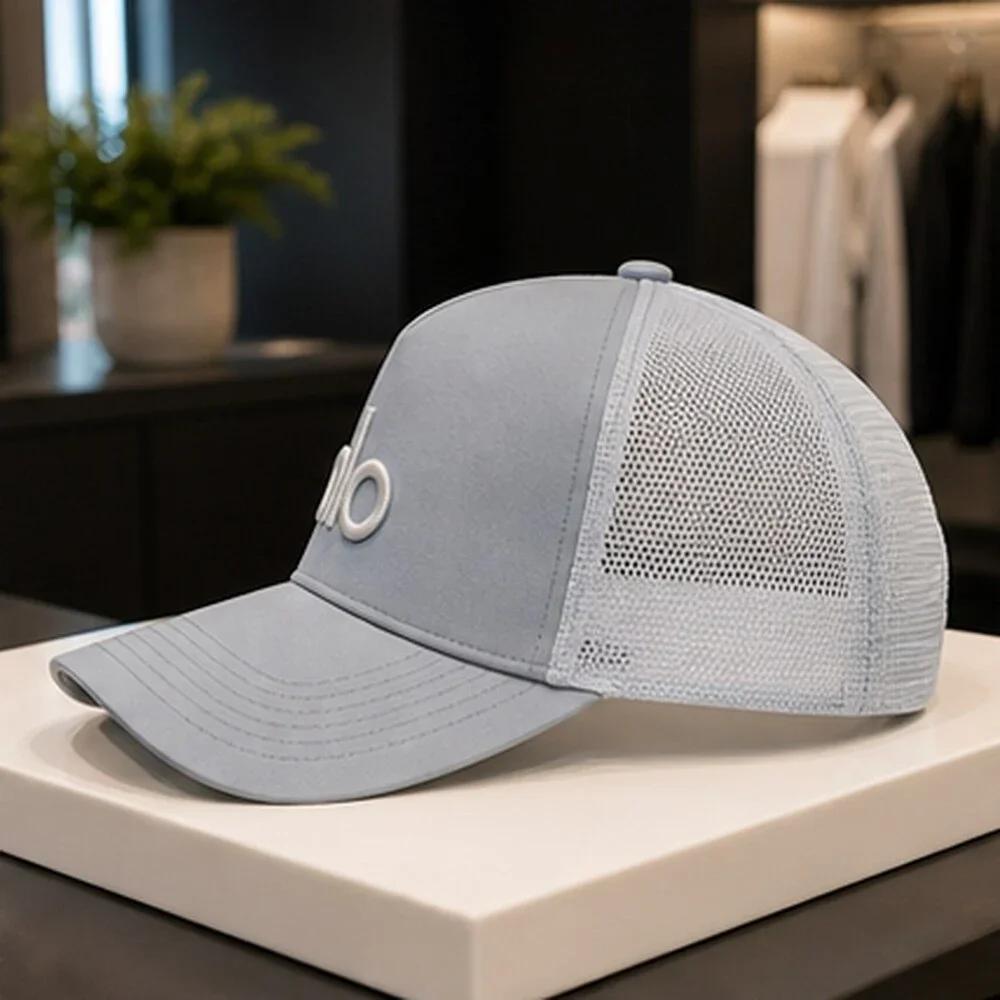 ALO Yoga Mist Blue Gray Gym Mesh Trucker Cap Hat Logo